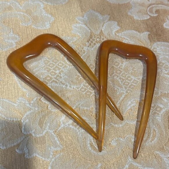 2 Prong Yellow Amber Lucite Victorian Style HAIR STICKS/COMBS